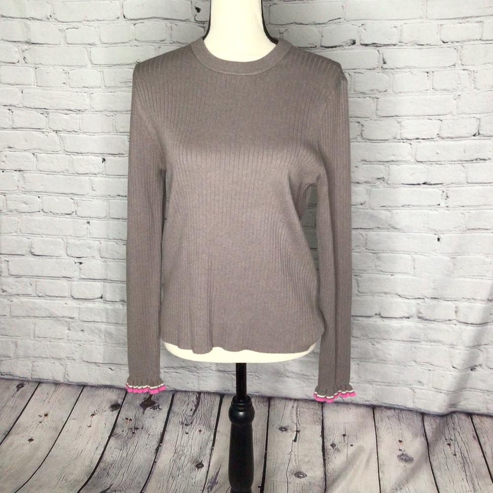 Ann Taylor Taupe Tipped Ruffle Cuff Sweater Large NWT